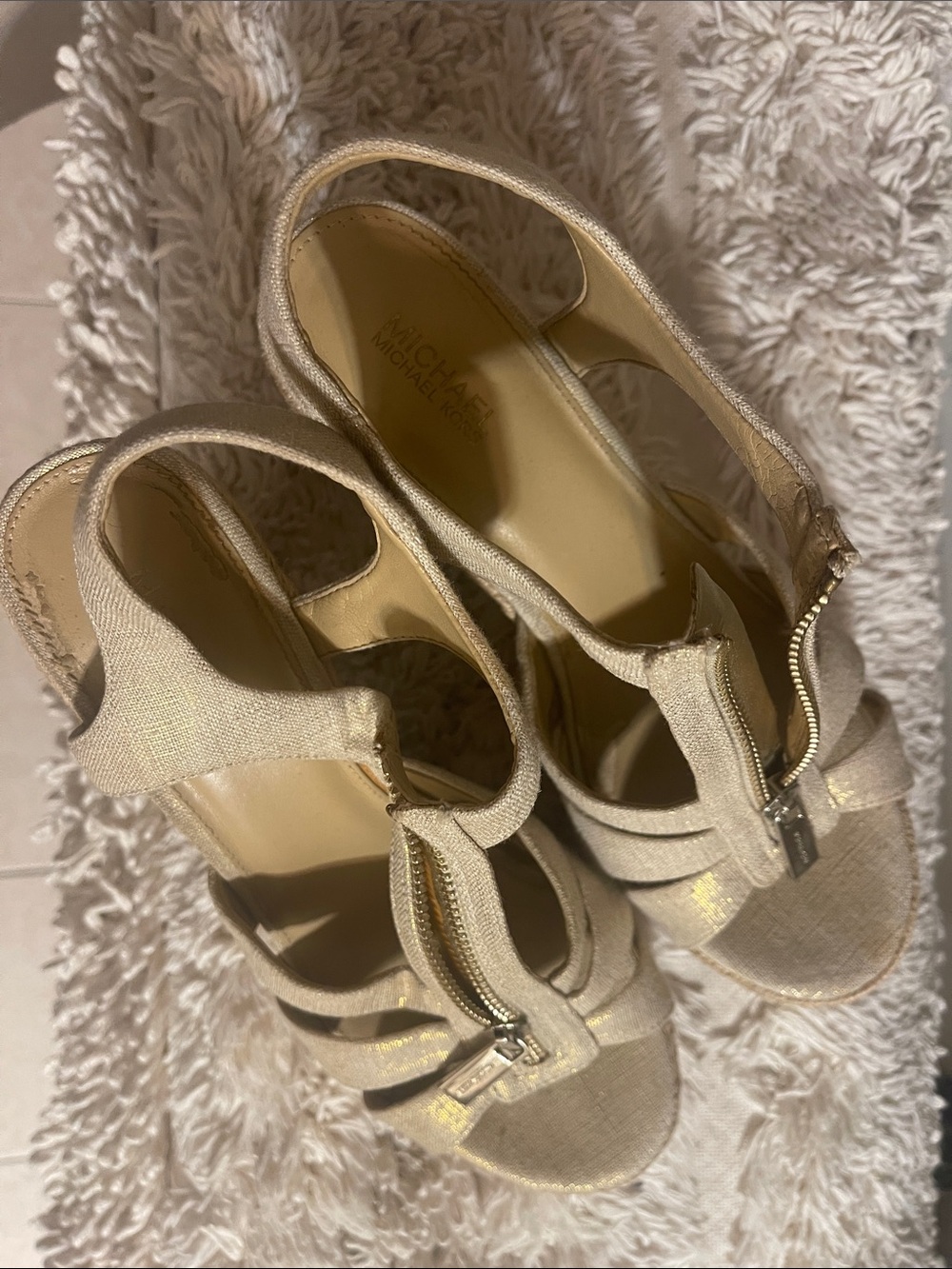 Michael Kors Metallic Cream Slingback Wedge Sandals with Front Zip